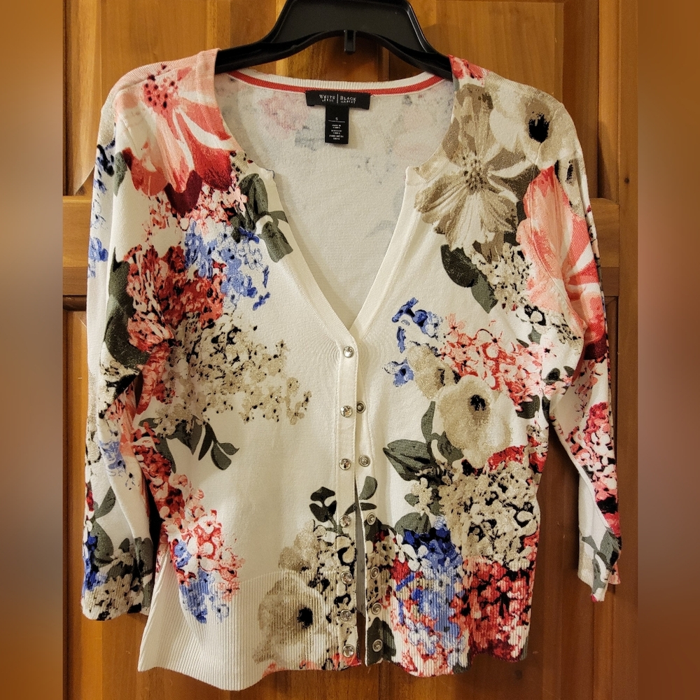 White House Black Market Floral Cardigan - Red, Pink, Blue, Cream Size Small